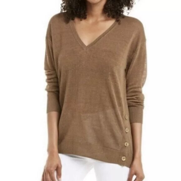 J. Crew Sweaters - J. Crew V-Neck Linen Blend Sweater With Side Buttons In Khaki Brown Size M EUC